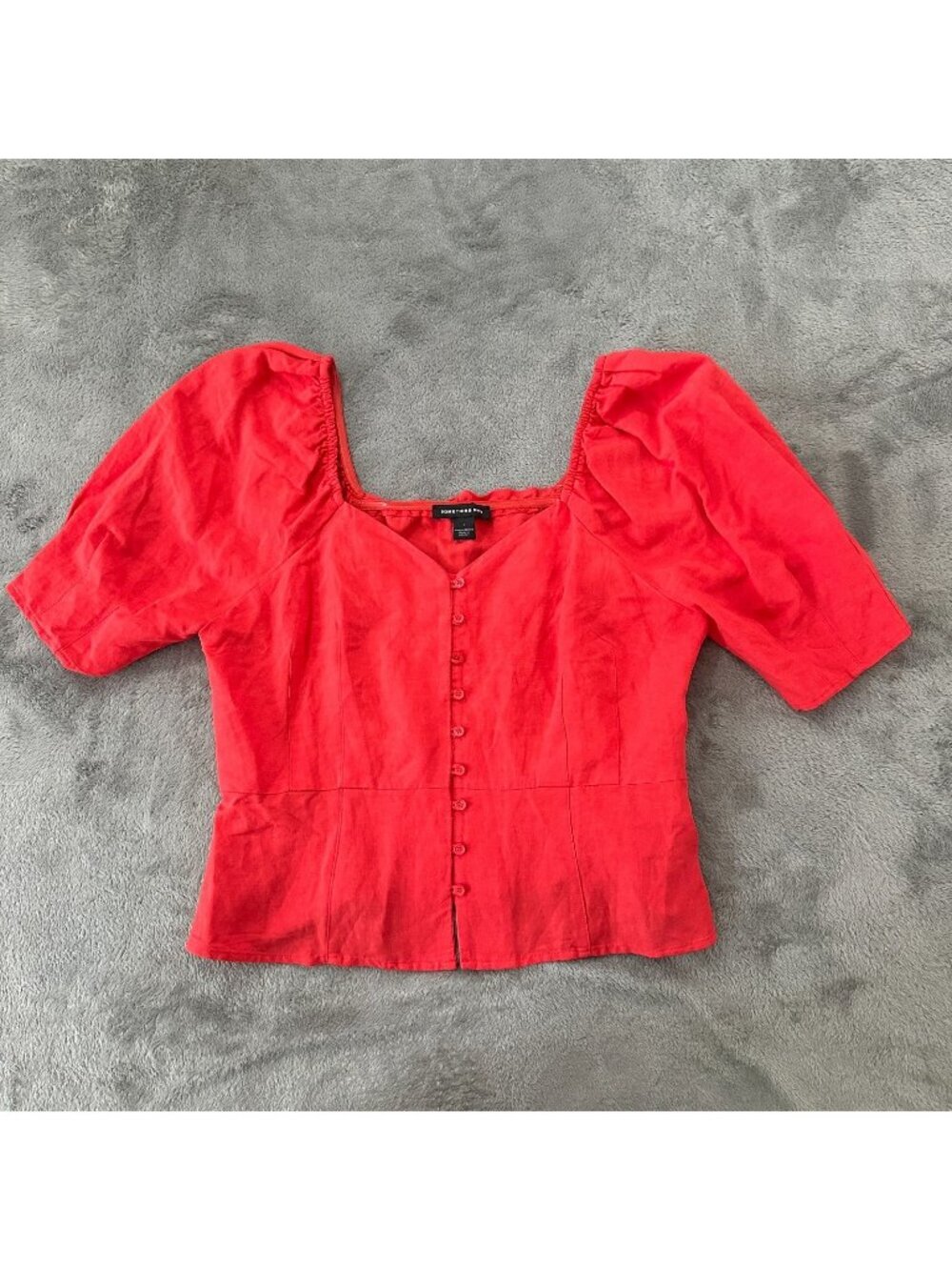 Something Navy Linen Blend Puff Sleeve Button Front Top Blouse Women's 1 1X
